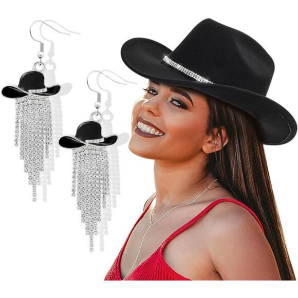 Accessories - Cowboy Hat Rhinestone Cowgirl Boots Earrings Set Tassel Black